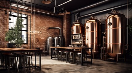 Copper brewery. Distillery. Modern  beer plant with brewering kettles, tubes and tanks. Microbrewery - obrazy, fototapety, plakaty