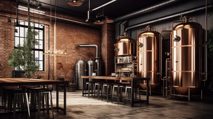 Foto op Plexiglas Copper brewery. Distillery. Modern  beer plant with brewering kettles, tubes and tanks. Microbrewery © alesia0604