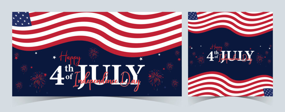 Set of Happy 4th of July. Fourth July Independence Day USA. Independence Day sale web banner. Independence Day USA social media promotion template. greeting card, poster with United States flag