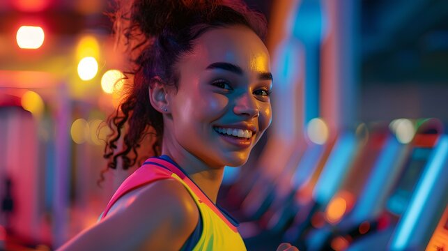 Vibrant young woman smiling at the gym, fitness enthusiasm in neon lights. health and wellness lifestyle image. AI