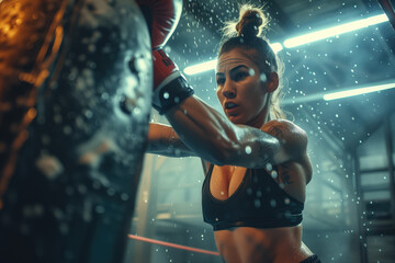Fototapeta na wymiar Action shot of a woman in boxing training, powerful athleticism
