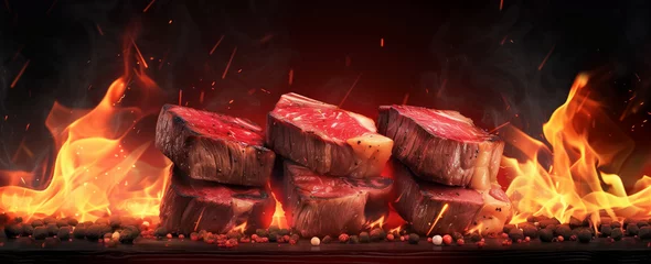 Tuinposter Fresh grilled blood steak pan-seared with fire on a dark background © Alina Zavhorodnii