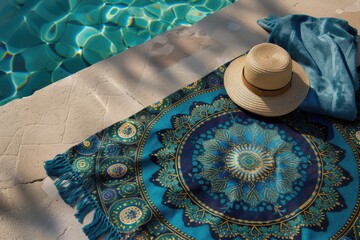A beach towel adorned with a serene mandala pattern