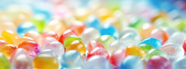 Colorful Translucent Gelatin chewable gummy supplements Background, copy space