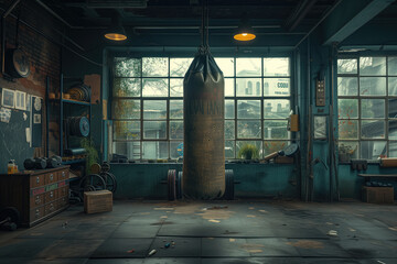 a vintage retro gym, boxing bag as the centerpiece
