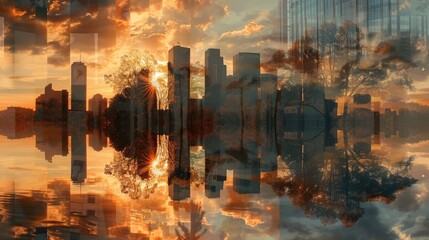 A city skyline blends with a tranquil sunset in double exposure.