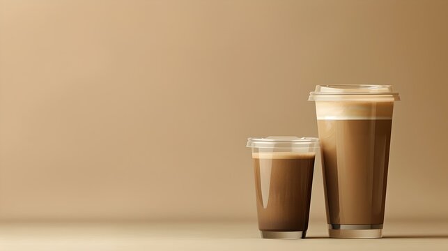 Two sizes of takeaway coffee cups on a beige background. simple, elegant, perfect for cafe marketing. ideal for beverage stock images. AI