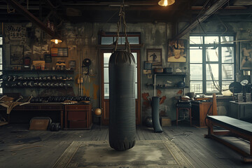 a vintage retro gym, boxing bag as the centerpiece - obrazy, fototapety, plakaty
