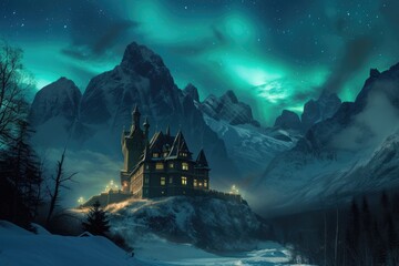 A fairy-tale castle nestled amidst snowy mountains under northern lights - obrazy, fototapety, plakaty