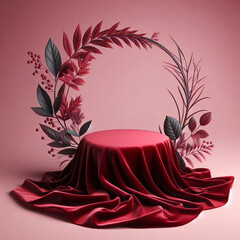 Pedestal podium fabric in red colors, space for product with flowers - obrazy, fototapety, plakaty