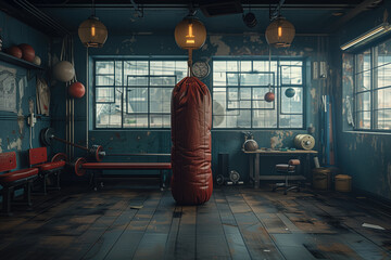 a vintage retro gym, boxing bag as the centerpiece