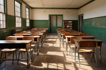Empty classroom with rows of desks and a chalkboard at the front. The room is quiet and still, with no students present