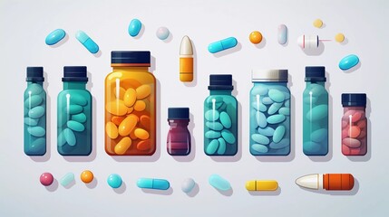 
Various drugs. Pills, blister capsules, glass bottles containing medicine plastic tubes with lids.Vector object illustration