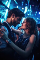 couple in love dancing in night club in crowd. ai generated