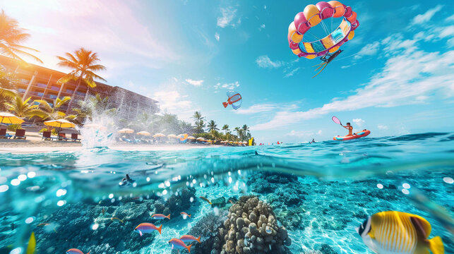 Adventurous water sports at beach hotel vibrant sea life clear blue sky overhead thrill seekers dream