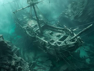 Papier Peint photo Naufrage Sunken pirate ship teeming with marine life an explorer illuminates the eerie forgotten treasure