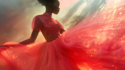 Elegant African Woman in Flowing Pink Tulle Gown Against a Sunset