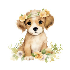 Heartwarming watercolor depiction showcasing a cute puppy amidst a bouquet of vibrant and delicate flowers.