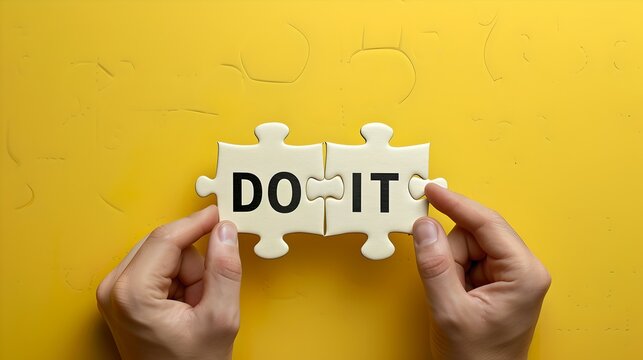 Hands connecting puzzle pieces with 'DO IT' message, motivation concept on yellow background. simple and clear call to action. AI