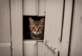 cat looking out window,The cat peeks out from behind the door.