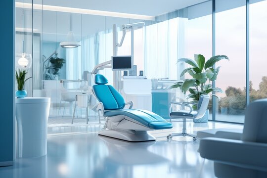 The interior of a modern dental clinic. Dental chair and equipment in the dentist's office in a bright modern clinic. Blurred background.