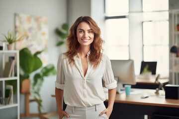 Happy woman designer standing in office 