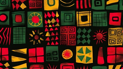 colorful tribal ethnic African clash pattern with vibrant red, yellow, and other hues on a black background.