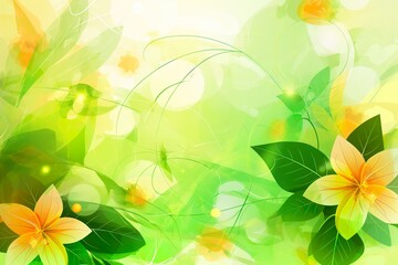 A vibrant summer abstract background featuring green and yellow colors with various flowers in a beautiful display.