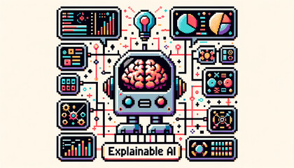 Pixelated robot demonstrating Explainable AI in a retro computer lab
