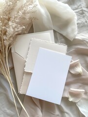 Elegant floral background of dry flowers with blank paper card. Mock up for blog, invitation, greeting card in Boho style. 