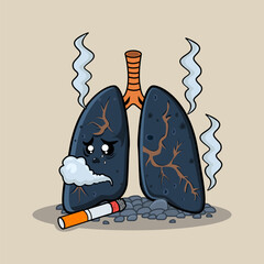 Smoker's lungs. Toxic effects of cigarette tobacco.World No Tobacco Day.Vector. Cartoon