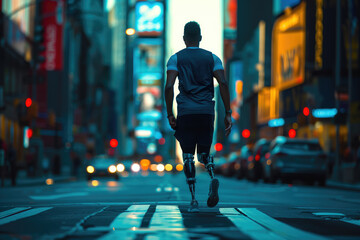 Adaptive Triumph: Confident Athlete with Prosthetic Legs Embracing the Streetscape Journey - obrazy, fototapety, plakaty