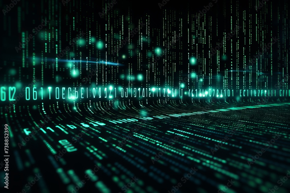 Poster Abstract binary coding on dark green background. Matrix and security concept.