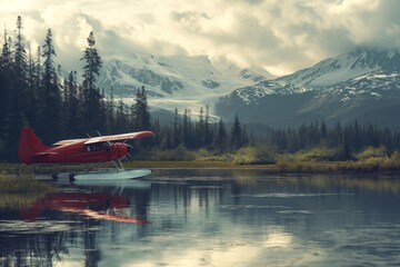 Scenic Alaska landscape with hydroplane airplane - obrazy, fototapety, plakaty