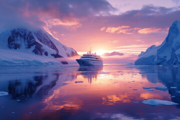 Antarctic landscape with ice glacier and touristic ship with soft sunrise or sunset. Expedition to Antarctica