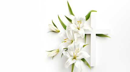 Easter concept, cross and blooming lilies on white background. Postcard template for the religious Great Holiday of Holy Easter - obrazy, fototapety, plakaty