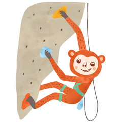 Rock climbing sport. Animal character climbs in bouldering park. Cute monkey training on rock. New kind of sport in Olympic games 2024. Childish illustration isolated on transparent background © Tani Kuzminka
