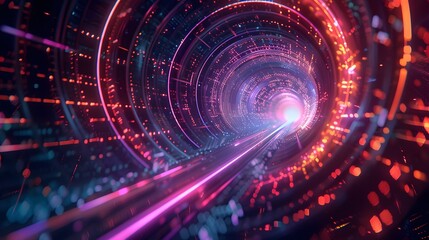 Abstract background technology colorful neon of information big data concept. Fractal Space Binary Code Tunnel