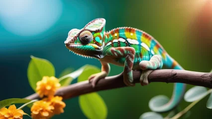 Foto op Canvas Realistic multicolored chameleon close-up, sitting on a tree branch, variable focus. Concept of advertising banner, postcard. Copy space © Irina