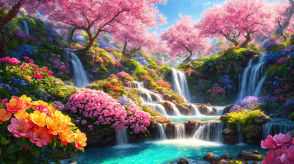 Landscape with beautiful waterfalls and flowers, magical idyllic heavenly view with beautiful fantastic flowers in Eden. - obrazy, fototapety, plakaty