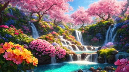 Fototapeten Landscape with beautiful waterfalls and flowers, magical idyllic heavenly view with beautiful fantastic flowers in Eden. © Cobalt