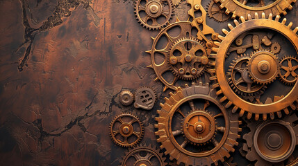 old brass gears metal background in the steam punk style. - obrazy, fototapety, plakaty