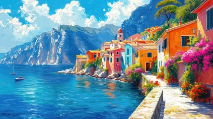 Fototapeten Oil painting of a small town on the Mediterranean Sea, mountains in the background, beautiful summer weather. © Cobalt