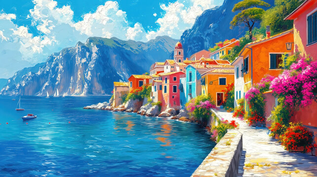 Oil Painting Of A Small Town On The Mediterranean Sea, Mountains In The Background, Beautiful Summer Weather.