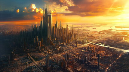 Fototapeta premium Future city 3D scene. Futuristic cityscape illustration with fantastic skyscrapers, towers, tall buildings, flying vehicles. Generative Ai.
