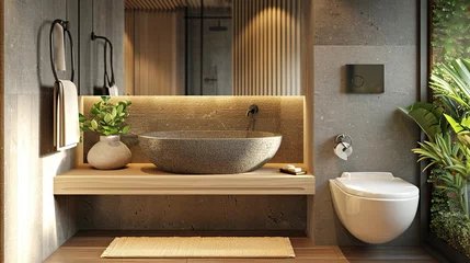 Fototapeten Modern apartment interior, elegant bathroom with beige stone sink, wooden shelf and wall-mounted toilet, natural colors © ximich_natali