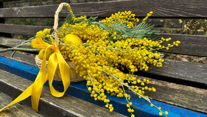 basket with yellow mimosa flowers and lemon on the wood bench