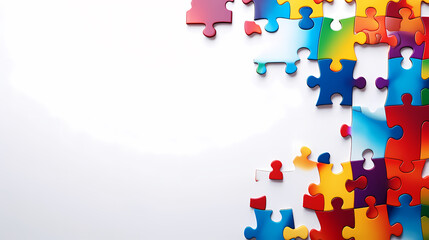 Colorful puzzle background on flat surface, scattered multi-color puzzle pieces