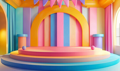 cute stage for kids performance. indoor podium with colorful pastel curtain and star. 