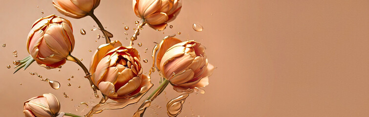 Peach tulip buds doused in gold paint on a peach monochrome background